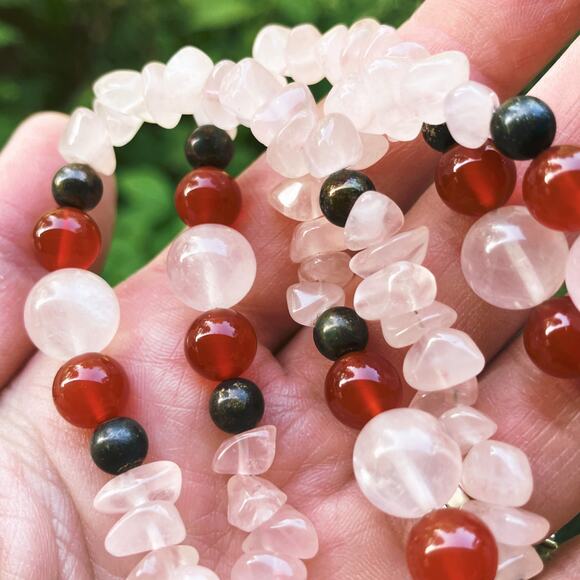 Vintage Rose Quartz Carnelian Beaded Necklace with Sterling Clasp 1980s 1990s - Picture 7 of 13